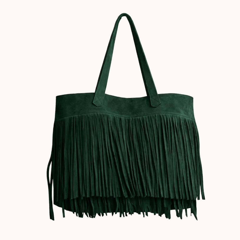 bolsa texas dorotea de gamuza verde con flecos marroquineria artesanal leon guanajuato
