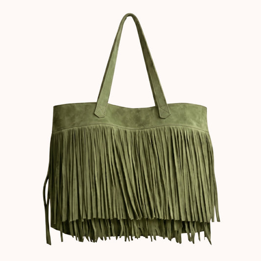 bolsa texas dorotea de gamuza verde con flecos marroquineria artesanal leon guanajuato