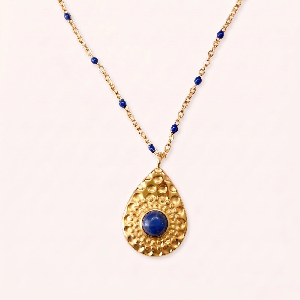 collar acero inoxidable 316L cadena lapislazuli gota martillada oro grueso 14k dorotea joyeria
