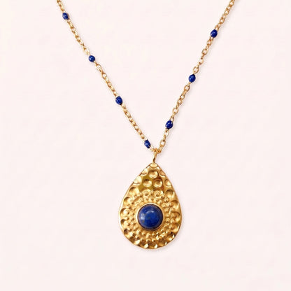 collar acero inoxidable 316L cadena lapislazuli gota martillada oro grueso 14k dorotea joyeria