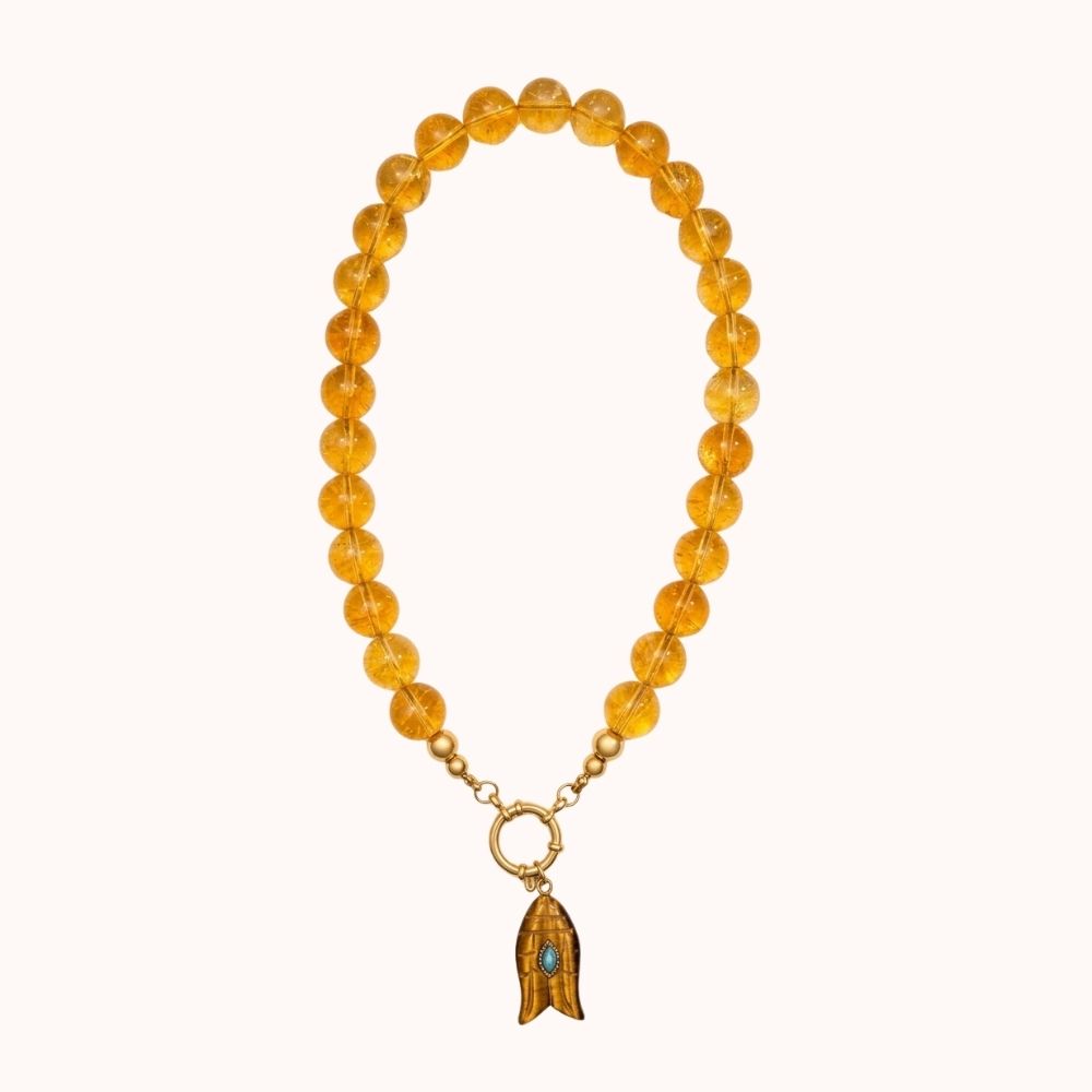 collar citrino esfera lisa 14mm dije ojo de tigre tallado broche marinero oro grueso 14k dorotea joyeria mexico